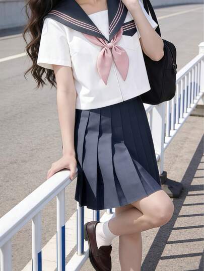 1pc Japanese School Girl Style Outfit - Gray/Pink Short Sleeve Top + Skirt + Bow Tie 3-Piece Set, Suitable For Cosplay, Anime Character Roleplay, Club Wear, Costume Parties, Valentine's Day