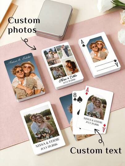 Bộ bài cưới thiết kế riêng, Bài cưới in ảnh và chữ theo yêu cầu, Bộ bài poker thiết kế riêng, Trò chơi tiệc cưới, Quà tặng tiệc, Trò chơi khởi động, Kỷ niệm tình thân, Quà lưu niệm mang về nhà, Quà kỷ niệm, Bộ bài ảnh đôi, Quà tặng cho phái nam, Bài cưới in sẵn, Bài trắng, Thiệp sinh nhật