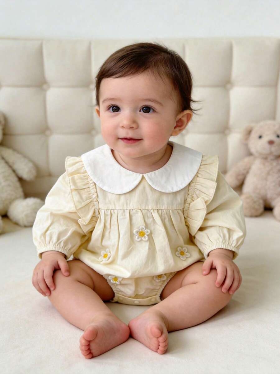 Baby Girls' Floral Ruffled Collar Romper, Spring - Apricot - View 1