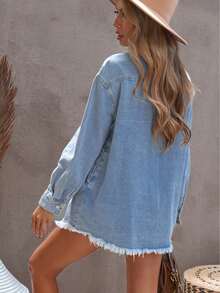 Chaqueta vaquera casual de unicolor para mujer con bolsillos y bordes deshilachados, manga larga, para primavera/otoño - Lavado ligero - Ver 2
