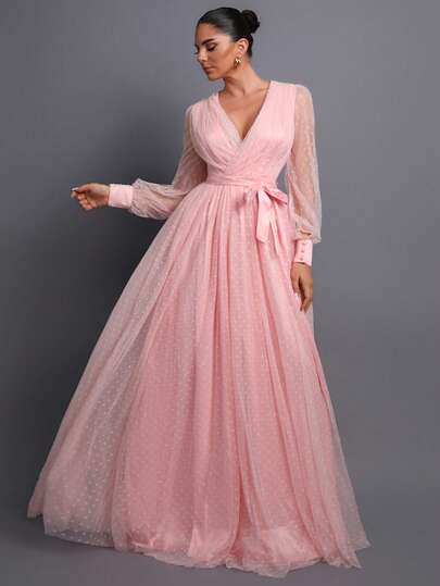 Elegant Deep V-Neck Belted Women's Evening Dress - Featuring A Captivating Deep V-Neck Design, Fashionable Self-Tie Waist Belt, Chiffon Polka Dot Cuffs, And A Flowing Silhouette, This Long Dress Is Perfect For Parties, Galas, Weddings, Balls, And Other Formal Occasions.