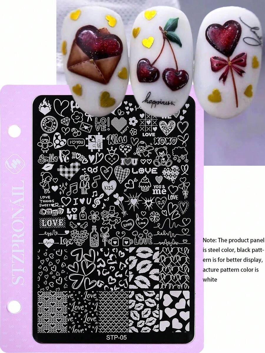 1片心形嘴唇美甲印花板，可爱冰淇淋翅膀卡通人物Y2K风格印花模板，美甲配件工具，美甲沙龙用品 - 彩色 - 查看 1