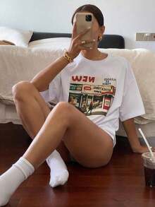 Camiseta holgada de mujer de cuello redondo y manga corta con estampado de letras con diseño, camiseta de verano gráfica oversize - Blanco - Ver 8