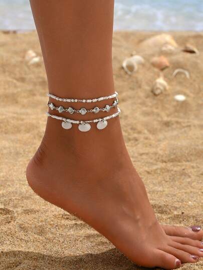 Dây đeo mắt cá chân ngọc trai và hạt cườm thời trang, đa năng dành cho nữ, phong cách biển cả, mặt dây chuyền hình vỏ sò cho nữ.