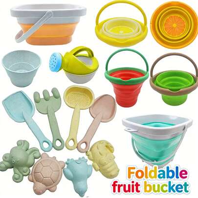 11pcs Beach Toy Set, Multifunctional, Includes Foldable Bucket + Creative Sand Shovel + Fun Animal Molds, Orange And Green, ABS Material, Suitable For Summer Outdoor Beach Games With Kids (Accessory Colors Random)