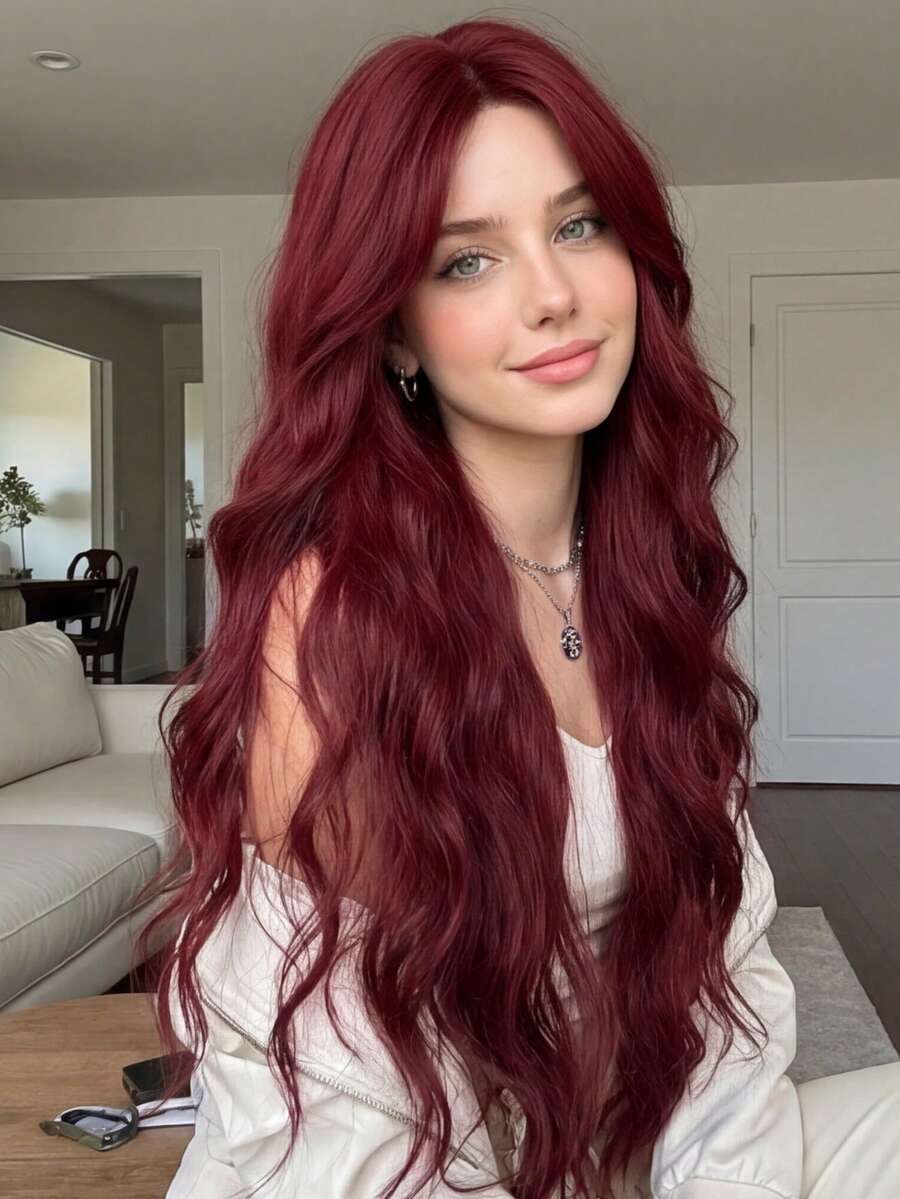 Tóc giả dài gợn sóng có mái, làm từ chất liệu tổng hợp chịu nhiệt, trông tự nhiên, phù hợp cho phụ nữ sử dụng hàng ngày, dự tiệc, cosplay và các dịp khác.