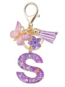 1个紫色蝴蝶字母钥匙扣，饰有闪亮亮片、流苏和珐琅花朵吊坠，时尚手提包挂件，母亲节礼物 - 淡紫色 - 查看 9