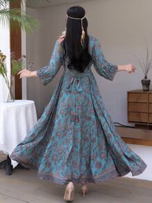 波希米亞風休閒刺繡復古長洋裝，適合度假旅行，春季與秋季穿著 - 藍色 - 查看 2