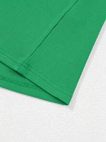 Acelitt Summer Solid Color Pearl Decor Knit Ribbed Splice Petal Sleeve Round Neck Top Spring - Green - View 9