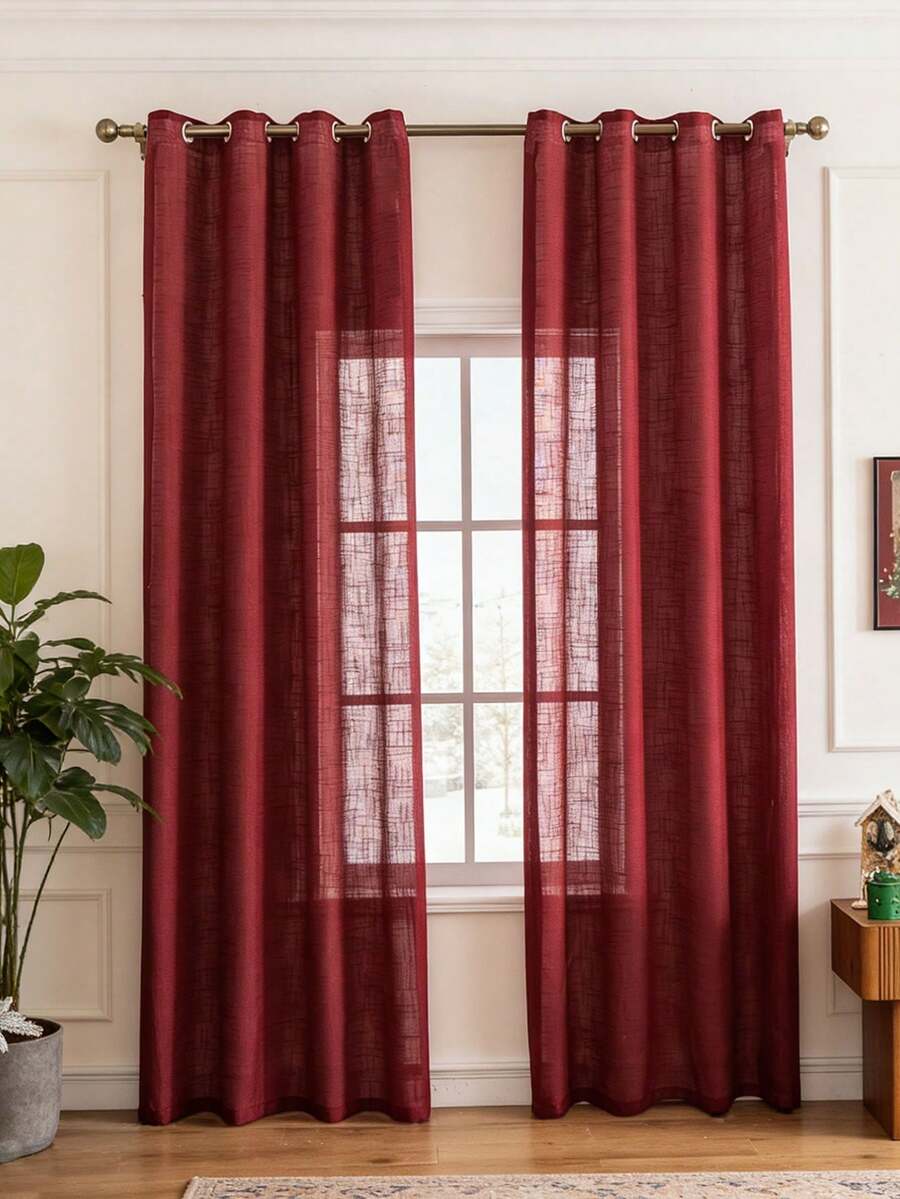 2 Rèm cửa mỏng nhẹ họa tiết vải lanh - Phong cách trang trại có dây buộc phía sau, rèm lọc sáng cho phòng khách, phòng ngủ, phòng ăn - Có thể giặt bằng máy, màu trơn, tăng cường sự riêng tư, dệt màu đỏ tía theo phong cách Giáng sinh, rèm phòng khách - Màu Đỏ Sâu - Xem 1
