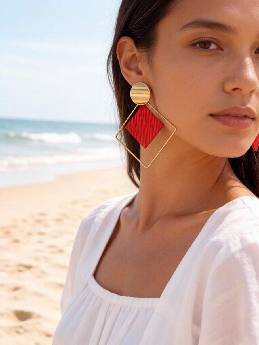 imoli 1 Pair Retro Copper Geometric Square & Circle Decor Earrings For Women, Creative Date Night Gift