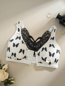 女士前扣蝴蝶印花性感文胸，后背设计 - 白色 - 查看 6