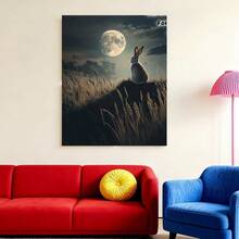 Con marco Arte de Pared en Lienzo Enmarcado 2D Plano, 1 pieza Listo para Colgar -  Cuadro de Paisaje Sereno con Conejo y Hierba a la Luz de la Luna, Marco Envuelto para Dormitorio, Sala de Estar, Cocina, Decoración Rústica, Arte de Oficina, Escena Tranquila, Impresión de Alta Calidad - Enmarcado - Ver 2