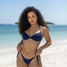Maré&Cia Lara Bikini Set: Inverted Triangle Top With Thong Bottom With Metal Ring Details - Beachwear - Marina - Ver 3