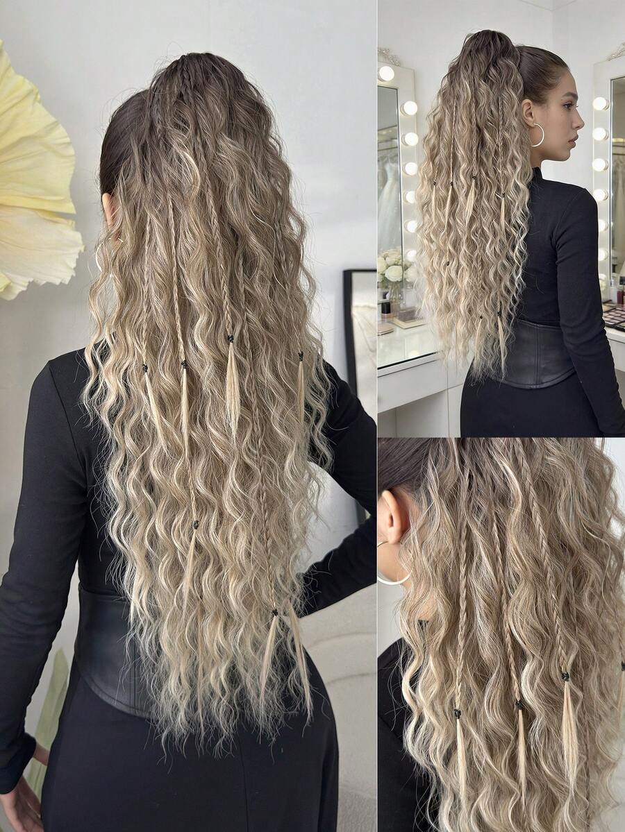 Extensión de cola de caballo con garra, de fibra sintética resistente al calor, de onda de agua, color negro y marrón, de 26 pulgadas de largo, adecuada para uso diario por mujeres y niñas en fiestas