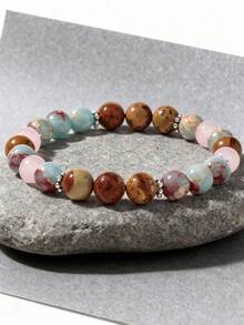 Trang sức phong cách Bohemian, trang sức dự tiệc đa năng, vòng tay pha lê và đá tự nhiên, vòng tay co giãn đá Agalmatolite và thạch anh hồng, vòng tay nữ. - Màu xanh nhạt - Xem 3