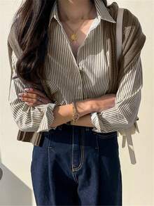 休閒長袖條紋鈕扣襯衫，復古優雅女款上衣/上衣，適合春季/夏季，假期/情人節 - 咖色 - 查看 4