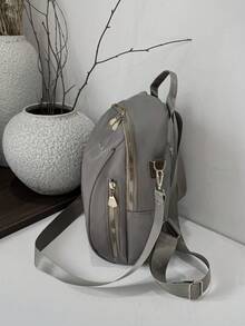 1 pieza Mochila grande de mujer de tela Oxford color negro sólido, versátil para uso diario y casual - Gris - Ver 4