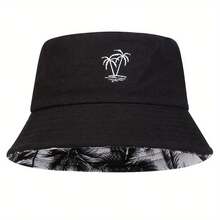 1 Men's Double-Sided Bucket Hat With Embroidered Small Tree Design, Stylish Outdoor Sun Protection, Casual Hat, Suitable For Spring And Autumn Travel, Beach Parties. - màu đen - Xem 1