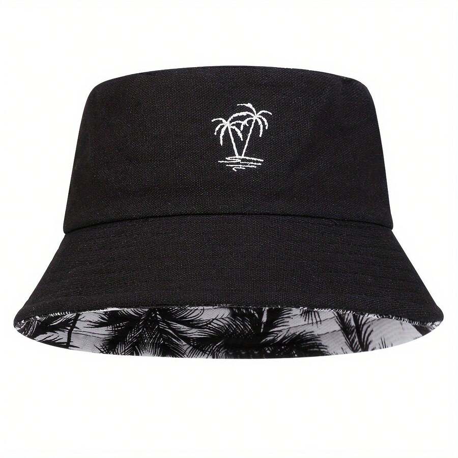 1 Men's Double-Sided Bucket Hat With Embroidered Small Tree Design, Stylish Outdoor Sun Protection, Casual Hat, Suitable For Spring And Autumn Travel, Beach Parties. - màu đen - Xem 1