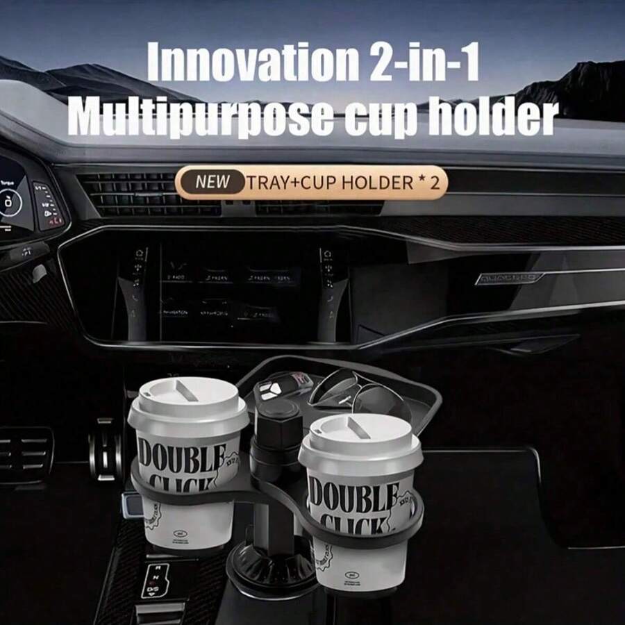 3-In-1 Multi-Function Car Cup Holder Extender With Detachable Tray And Rotating Tray, Suitable For Car Cup Holders, Includes Dual Cup Holders And Adjustable Base, Made Of Plastic