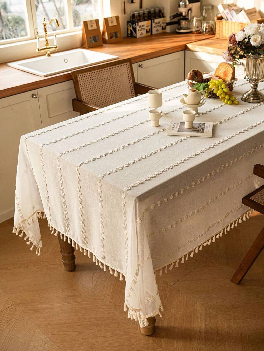 1pc American Retro Minimalist Polyester Linen Tassel Tablecloth, Heat-Resistant Rectangular Tablecloth Suitable For Kitchen, Dining Table, Coffee Table, TV Cabinet, Home Gathering, Outdoor Picnic - Multicolor - View 1