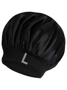1pc Personalized 26 Hot Drill Alphabet Print Satin Wide Brim Elastic Sleep Cap, Suitable For Curly And Straight Hair Sleep Bonnet - A - View 28