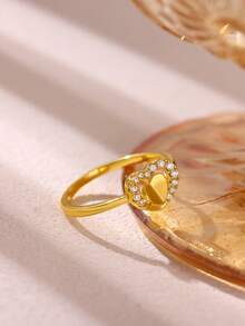 1 pieza Anillo de corazón de circonita cúbica vintage para mujer, color dorado, anillo geométrico para boda, fiesta y regalo de joyería - Dorado - Ver 3
