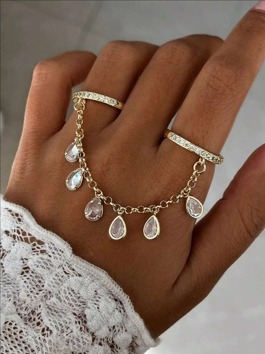 1枚镶嵌水钻的时尚全指戒指，搭配优雅的流苏链，适合女士婚礼、派对佩戴，是婚礼季的精美礼物。 - 彩色 - 查看 1