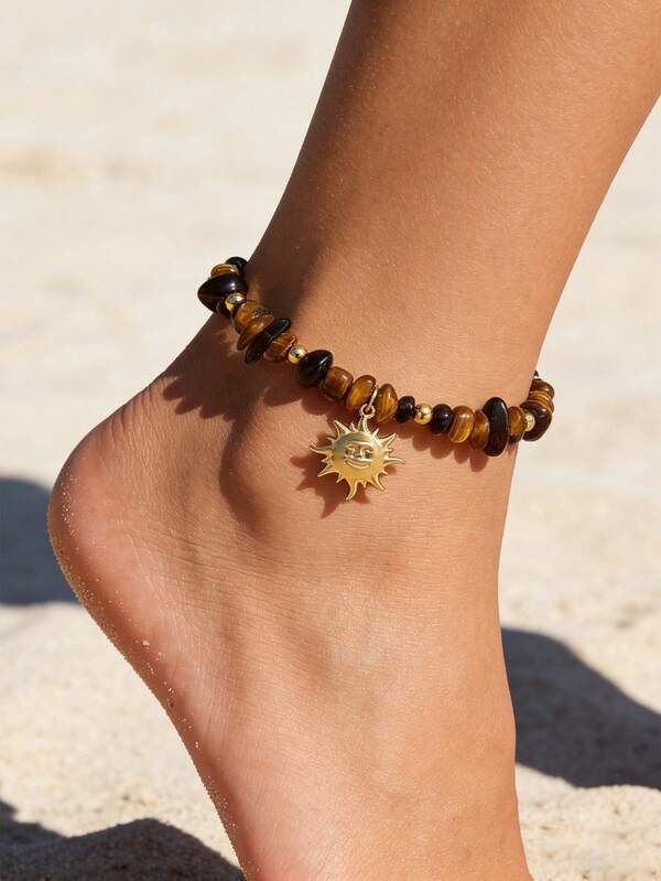 ZIRUISP 1pc Chipped Stone Anklet For Women, Oceanic Starfish Sun Heart Charm Anklet, Bohemian Beach Vacation Anklet, Summer Beach Holiday Foot Jewelry Birthday Gift For Wife BFF Friends Mom