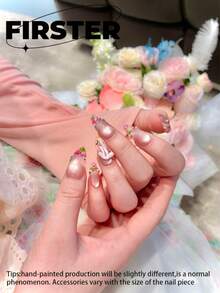 10pcs Medium Almond Handmade Press On Nails, Pink Gradient Fake Nails, Dried Flower & Pearl Nail Art With 3D White Bow, Reusable Acrylic Nails For Daily Wear And Dates - Multicolor - View 3