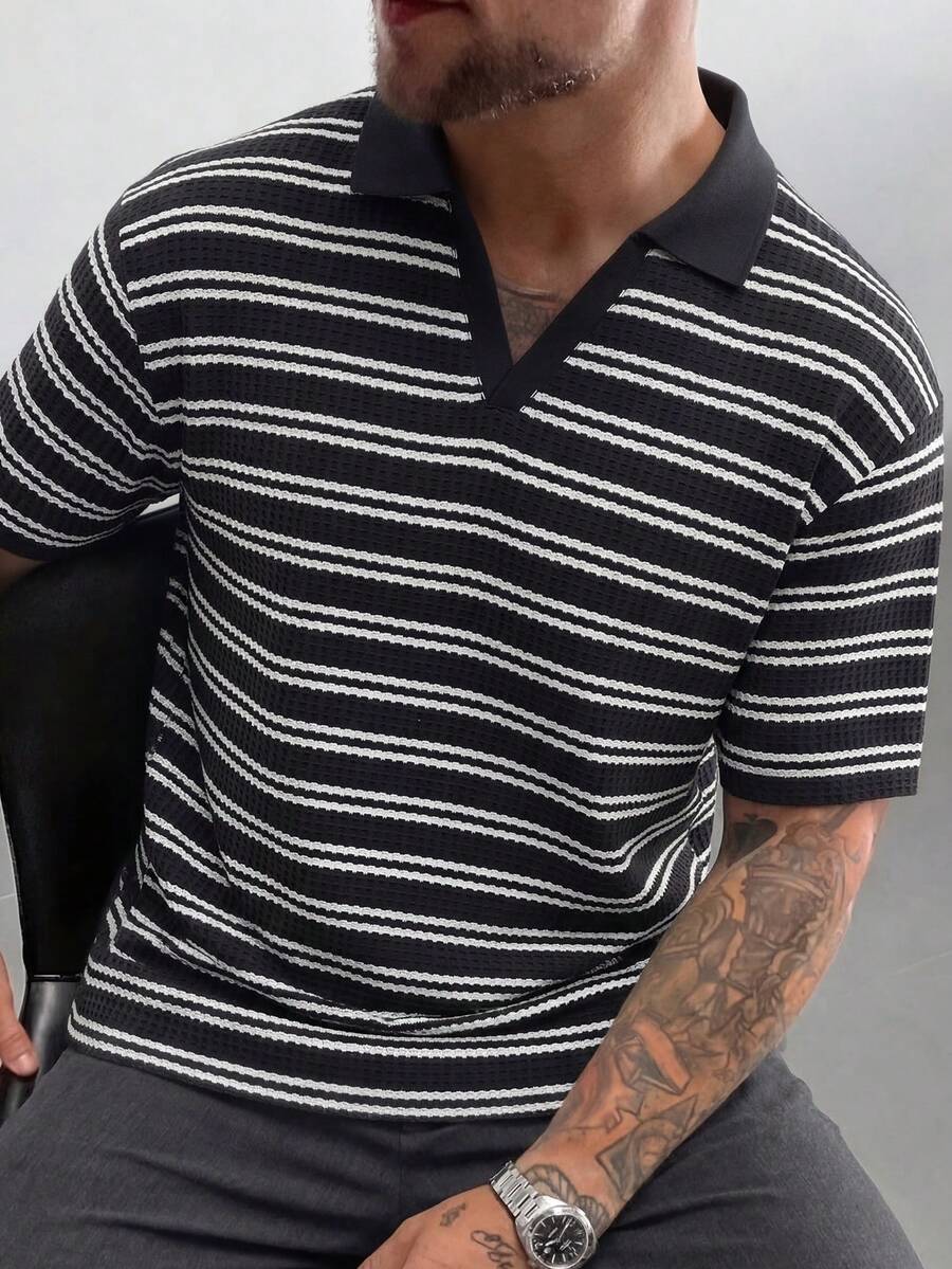 男士奢华复古条纹短袖Polo衫 - 黑色 - 查看 1