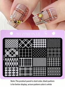 1片格子美甲印花板，菱形格子图案Y2K风格印花模板，美甲配件工具，美甲沙龙用品 - 彩色 - 查看 3