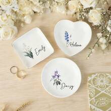 Plateau de bague de mariage personnalisé élégant avec fleurs mensuelles, boîte à bijoux de voyage pour mariée, plateau d'affichage de bague de mariage personnalisé simple. Boîte de rangement de bijoux pour cérémonie de mariage personnalisée - Plateau en céramique multicolore - Voir 4