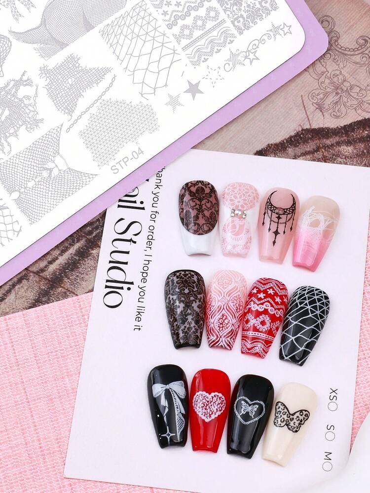 1pc Ripped Lace Nail Art Stamping Plate, Baroque-Style Floral Pattern Y2K Style Printing Template Nail Art Accessory Tools Nail Salon Nail Supply - Multicolor - View 5