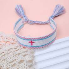 1 pieza Pulsera tejida a mano con borlas y bordado de cruz en estilo bohemio - Multicolor - Ver 5