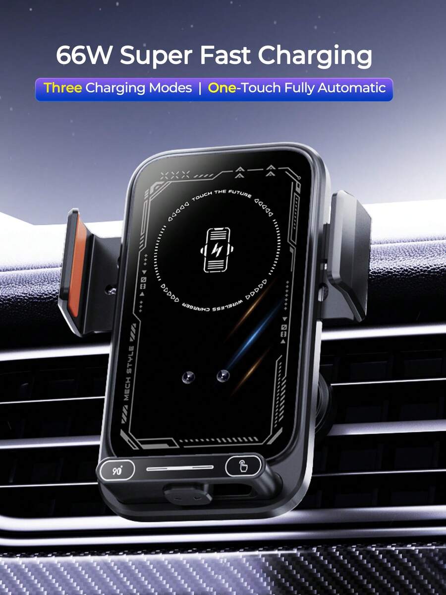 REMAX 一键全自动车载充电器，支持15W无线充电、66W磁吸充电和有线充电，自动开合夹紧，一键90°旋转，内置200mAh可充电电池，适用于iPhone、Type-C接口，是车载配件、汽车必备用品等。