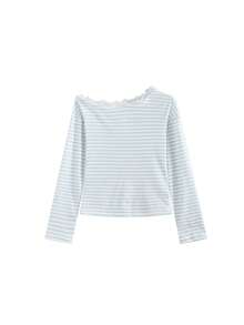 蕾丝拼接不对称领长袖T恤（随机条纹） - 灰藍色 - 查看 5