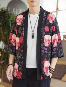 Skull & Rose Print 3/4 Sleeve Kimono Cardigan, Men's Loose Fit Casual Lightweight Robe Sunscreen Jacket - Multicolor - View 2