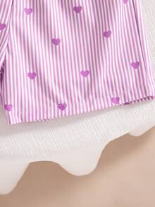 2pcs Girls Casual Striped Heart Print Decor Spaghetti Strap Vest And Elastic Waist Shorts Set, Spring/Summer - Purple - View 7