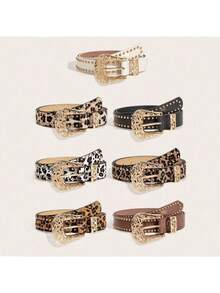 1 件西式铆钉装饰豹纹女士腰带，适合秋季、秋季、万圣节日常穿着 - 金色鉚釘皮帶 - 查看 13