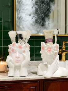 1pc Artistic Side Profile Girl Makeup Brush Holder, High-End Desktop Pencil Cup For Living Room & Bedroom - Multicolor - View 3