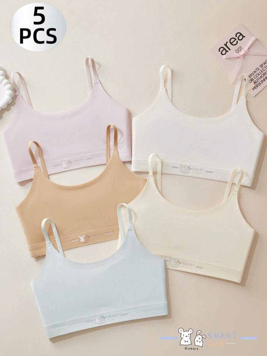 5pcs/Set Colorful Girls Bras, Casual Sports Bras For Elementary & Middle School Students, Anti-Slip & Comfortable Camisole