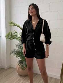 Combination Set Consisting Of A Long-Sleeved Top And Shorts. - màu đen - Xem 1
