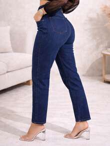 Women's Mom Jeans, High Waist, Shaping, Premium, Comfortable, Loose-Fitting, Casual, Blogger Style - 中等水洗藍 - 查看 3