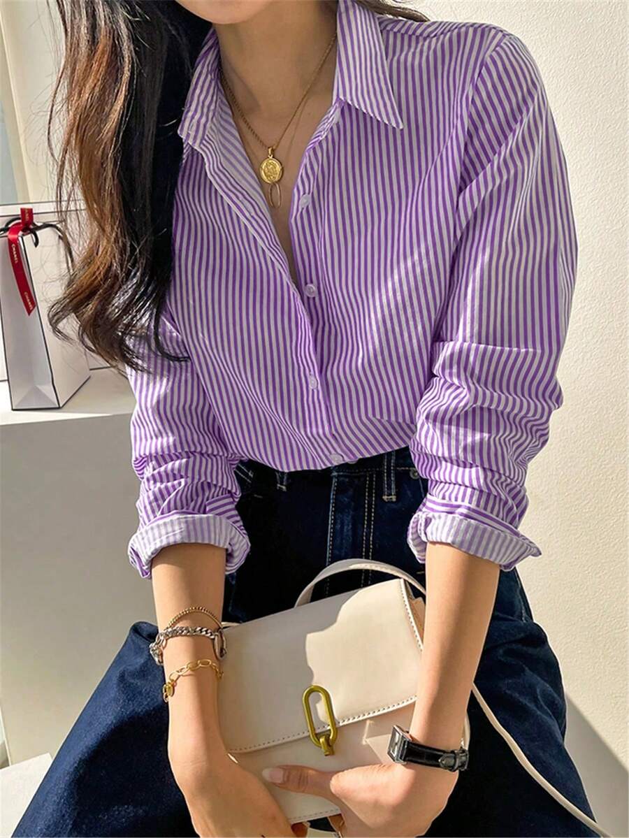 可爱长袖蓝色条纹纽扣开衫，复古优雅休闲女式衬衫/上衣，适合春夏、节日/情人节穿着 - 紫色 - 查看 1