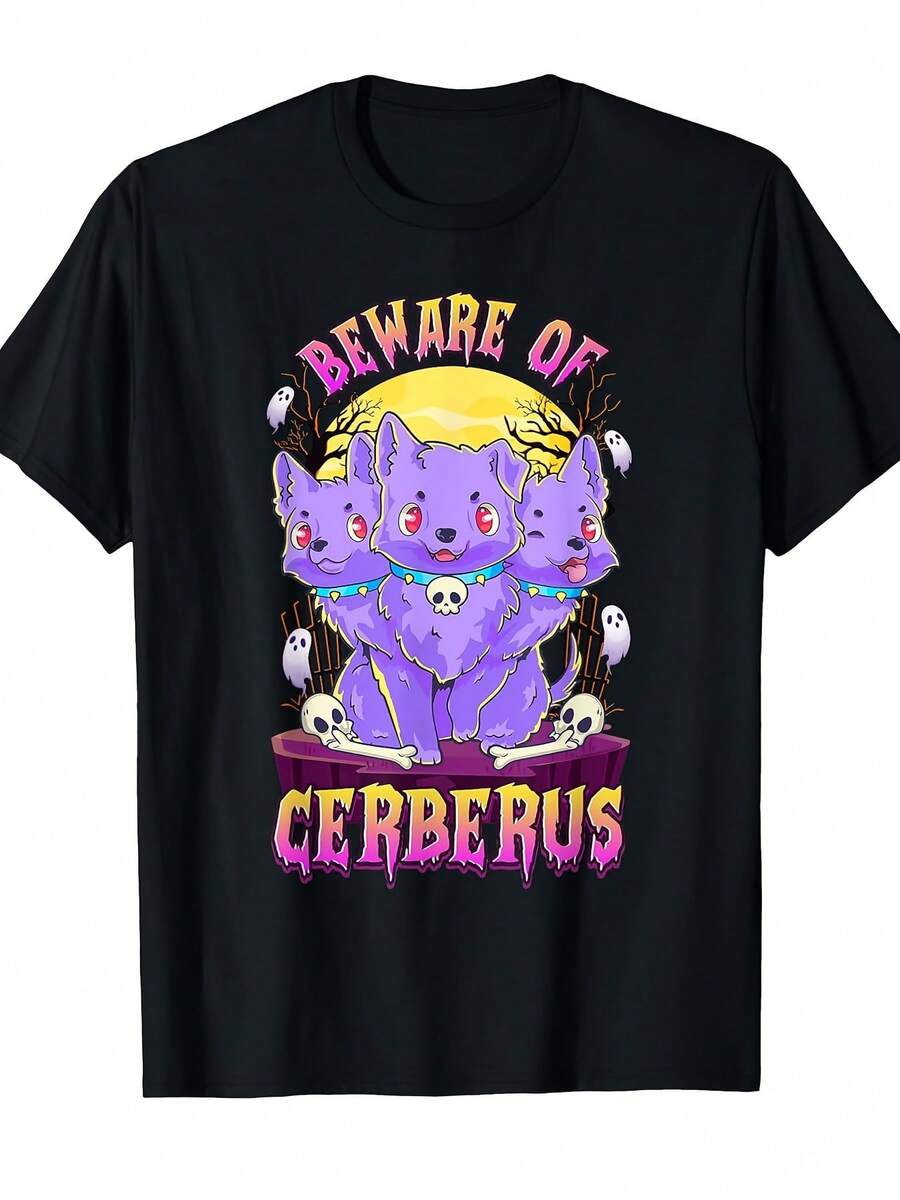 This Large-Sized Charming T-Shirt Features Bold Design Prints Women's Gothic Victorian Steampunk T-Shirt Men's & Women's Kawaii Pastel Goth Cerberus T-Shirt - Cute Creepy 3-Headed Dog Greek Mythology Graphic Tee With "Beware Of Cerberus" Text, Soft Round Neck Short Sleeve Shirt For Casual Streetwear & Fantasy Fans, Casual Attire, Street Ing Style, Durable Print, Comfortable Fabric - màu đen - Xem 1