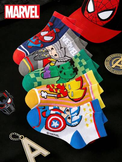 Marvel 1/5/10双装儿童袜子套装，雷神图案袜子，荷叶边袜子，黑白条纹中筒袜，男女童短袜，柔软透气防滑踝袜，卡通图案休闲袜，适合狂欢节、情人节等场合