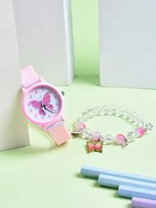 Bộ 2 chiếc đồng hồ trẻ em dây đeo silicon mềm mại dễ thương, đồng hồ đeo tay thạch anh hình bướm hoạt hình dành cho học sinh tiểu học, vòng tay đính hạt có mặt dây chuyền hình bướm. - Hồng - Xem 6