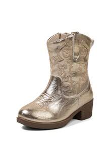 NILOSH 1 Pair Children's Embroidered PU Leather TPR Sole Mid-Calf Boots, Fashionable Spring/Autumn Style - Gold - View 12